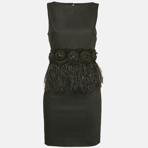 ALICE + OLIVIA Marigay Rosette Feather Trim Peplum Dress Black Sz 8 $495 {3G34} - Picture 2 of 6